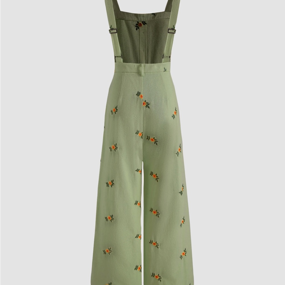 Cider Green Wide Leg Pants with Floral Embroidery - Picture 2 of 6